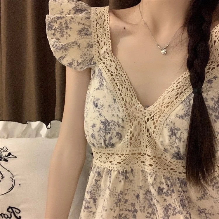 Sweet Princ Sle Women's Lace Nightgown Set with Chest Pad V-Ne ort Pants Summer Breathable Cotton Spwear