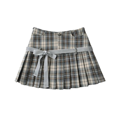 Women's Y2k A-line Pleated Skirt Vintage Plaid Mini Skirt Harajuku Korean Elegant Preppy Style Bow Skirts 2000s Clothes Summer Grey