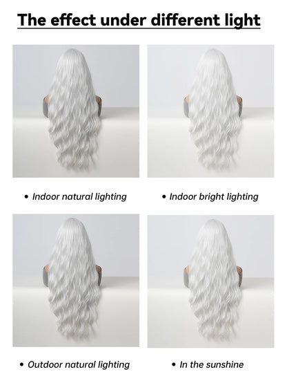 Super Long Curly Silver Synthetic Wig with Fluffy Bangs White Water Wave Hair Wigs for Women Daily Use Cosplay Colored Hair Wig