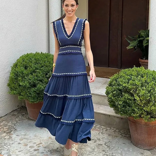 PB&ZA2024 Summer New Product: Casual Women's Fashion V-neck Sleeveless Waist Collection with Tassel Decoration Dress