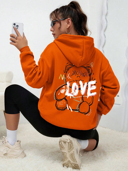Graffiti Line Bear Simple Print Female Hoody Harajuku S-Xxl Sweatshirt Fashion Casual Street Hooded Autumn Warm Streetwear Women Orange