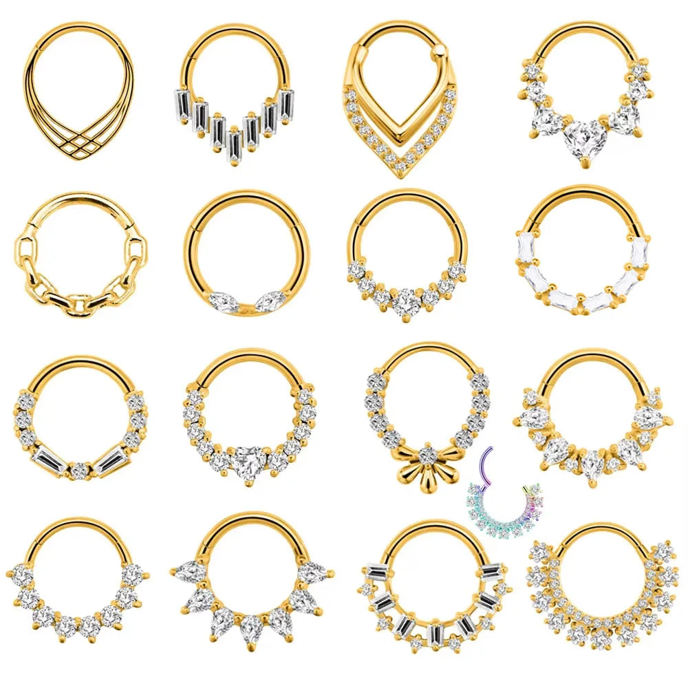 Flower Moon Heart Waterdrop Septum Piercing Daith Conch Tragus Hoop Earring Clicker Segment Nose Ring 316L Surgical Steel 16G