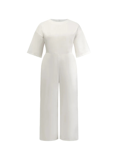 Women’s Loose Jumpsuit Pockets Solid Elegant Straight Long Pants Summer Round Neck 3/4 Sleeves Casual Female Office Lady Rompers Badiee Stylez