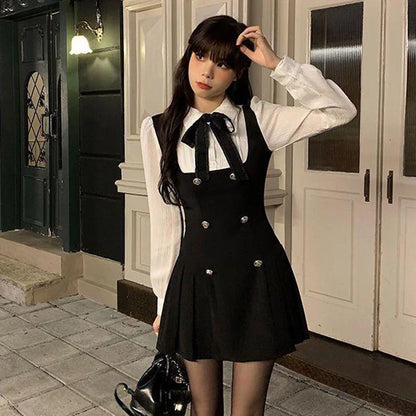 Fake Two-piece Dress Women Preppy Style Bow Buttons Long Sleeve A-line Mini Dress