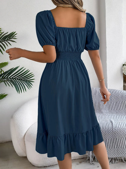 Spring and Summer Elegant High Waisted Dress Square Neck Short Sleeved Ruffled Edge Long Dresses for Women Badiee Stylez