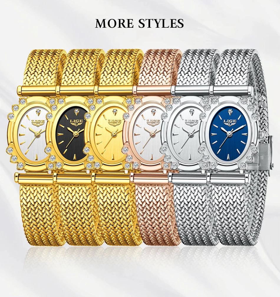 LIGE 2025 New Gold Square Watch For Women Simple Fashion Waterproof Quartz Ladies Watches Ultra-Thin Mesh Women's Bracelet Watch