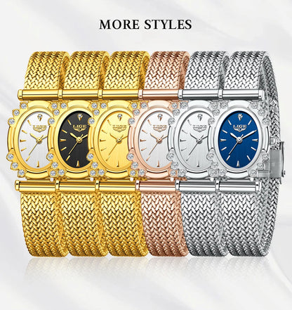 LIGE 2025 New Gold Square Watch For Women Simple Fashion Waterproof Quartz Ladies Watches Ultra-Thin Mesh Women's Bracelet Watch
