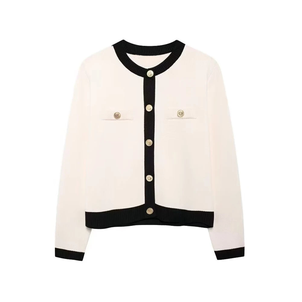 TRZA-Women's Knitted Cardigan Sweater with Golden Buttons, O-Neck, Long Sleeve, Female Outerwear, Chic Tops, Fashion as picture
