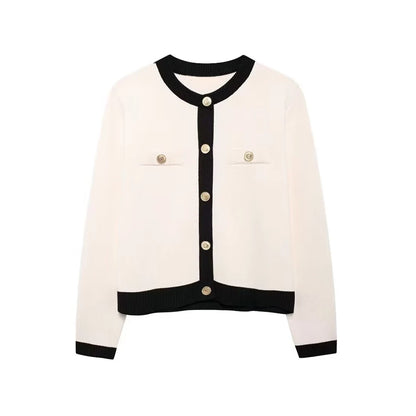 TRZA-Women's Knitted Cardigan Sweater with Golden Buttons, O-Neck, Long Sleeve, Female Outerwear, Chic Tops, Fashion as picture