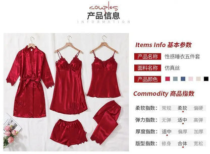 5PCS Women's Ice Silk Sexy Pajama Set Breathable Lace Satin Pajama Bathrobe Five Piece Set Casual Home Clothes Spring and Summer