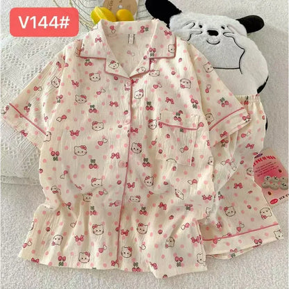 Cute Pink Cloud Cotton Spwear Bear Print Home Clothes Long Sve ort Sve Women's Comfortable Home Suit Summer Thin Y144