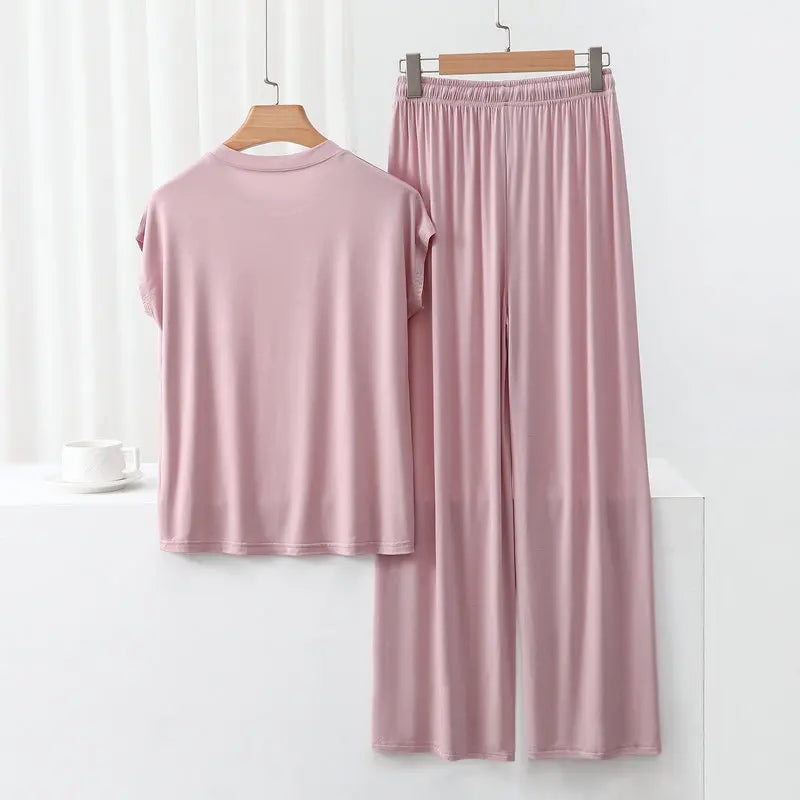 Modal Homewear set O-neck Tshirts short sleeves and Wide leg pants Loose sleepwear Casual streetwear suit all match