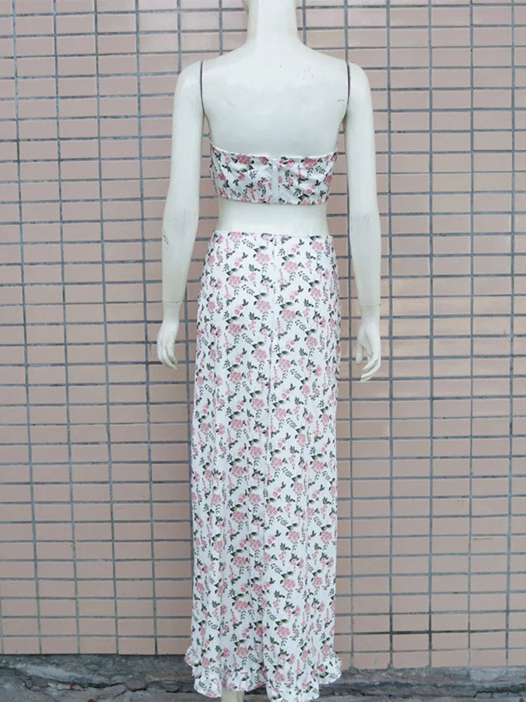 Floral Print Strapless Crop Tops & Shirring Ruffles Slit Maxi Skirts Set Women Summer Two Piece Set