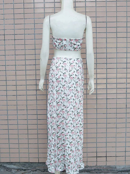 Floral Print Strapless Crop Tops & Shirring Ruffles Slit Maxi Skirts Set Women Summer Two Piece Set