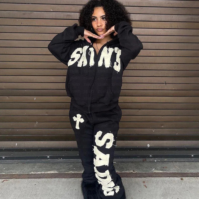 Y2K New European and American Fashion High Street Trendy Sweatshirts Hip Hop Zipper Jacket for Men Letter Patch Loose Hoodies