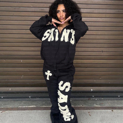 Y2K New European and American Fashion High Street Trendy Sweatshirts Hip Hop Zipper Jacket for Men Letter Patch Loose Hoodies