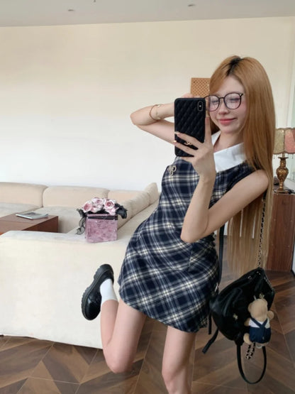 Onalippa Vintage Plaid Mini Dress Women Waist Belt Polo Collar Sleeveless A Line Dresses High Street Contrast Vestidos
