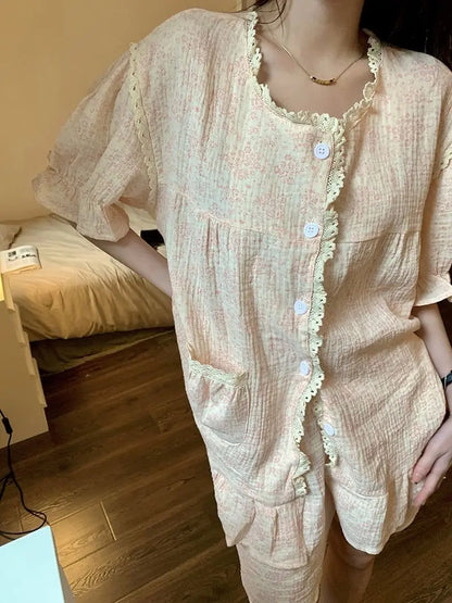 Ruffles Women Pajamas Sets for Home Summer Floral Sleepwear Shorts Sleeve Lace 2 Pieces Button Night Wears Korean Home Suit 2024
