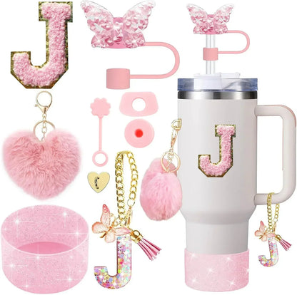 9PCS Accessory Set for Stanley Cup 30oz 40oz Butterfly Straw Cover Cap Silicone Boot Charm Initials Sticker Spill Proof Stopper Badiee Stylez