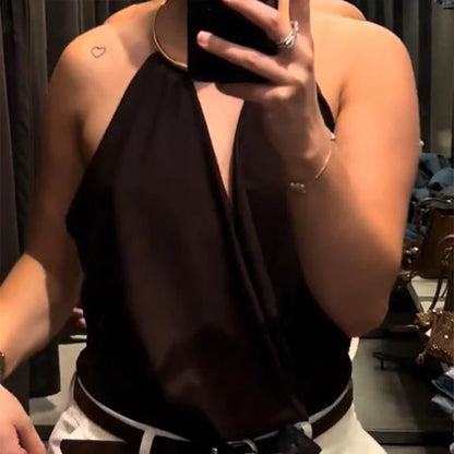 Sexy Metal Halter Deep V-neck Jumpsuits Women High Street Backless Sleeveless Short Bodysuit 2025 Summer New Lady Slim Clubwear