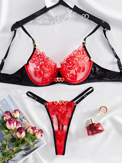 MUZISKAT 2024 New Personality Female Embroidery Splicing Love Comfortable Mesh Sexy Lingerie Erotic Two-Piece Set Onlyfans Black Red CHINA