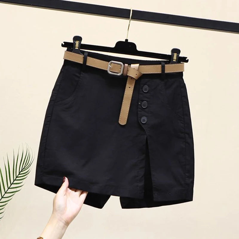 Chic Shorts Women Belt Korean Solid Buttons Side Slit A-line Streetwear Fashion Skirts Chic Harajuku Summer Loose Pants black with belt