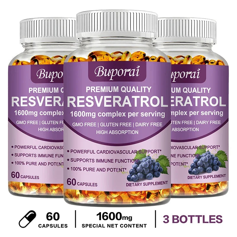 Resveratrol Capsules - Anti-aging, Antioxidant, Skin Support, Cardiovascular Health 60 Capsule-3bottles
