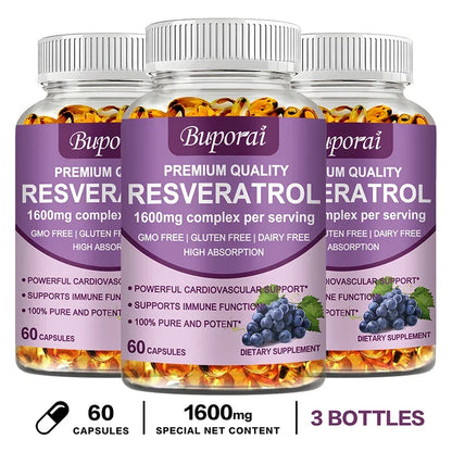 Resveratrol Capsules - Anti-aging, Antioxidant, Skin Support, Cardiovascular Health 60 Capsule-3bottles