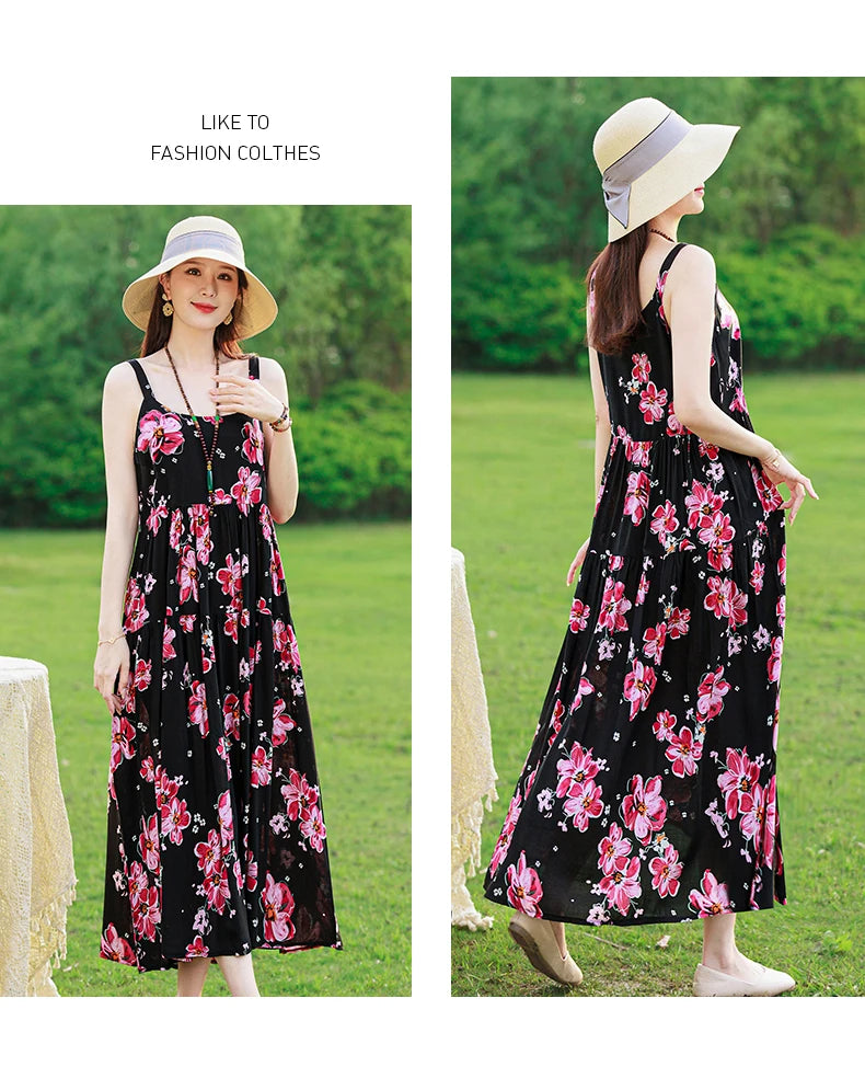 New Fashion Casual 2025 Summer Elegant Dresses For Women O-Neck Print Vintage Sleeveless Dress Loose Women Clothing