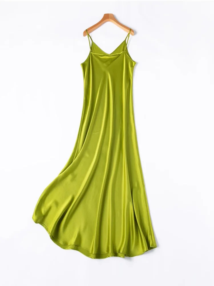 SuyaDream Woman Long Dress, 100%Real Silk, V Neck, Solid Spaghetti Strap Dresses, 2025 Elegant Chic Clothes Badiee Stylez