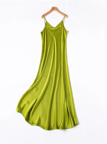 SuyaDream Woman Long Dress, 100%Real Silk, V Neck, Solid Spaghetti Strap Dresses, 2025 Elegant Chic Clothes Badiee Stylez