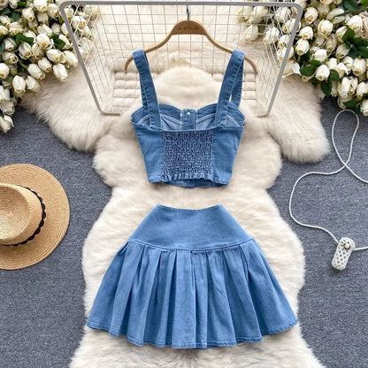 Two Piece Sets Women Sexy Dress Sets Skirt Set Sling Sleeveless Casual Denim Tops Short Skirts A Line Elegant Splice Y2k Summer