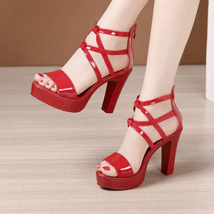 Big Size 32-43 Block Heel Platform Sandals Women Wedding Shoes 2025 Summer High Heels Gladiator Sandals Patent Leather Sandals Red