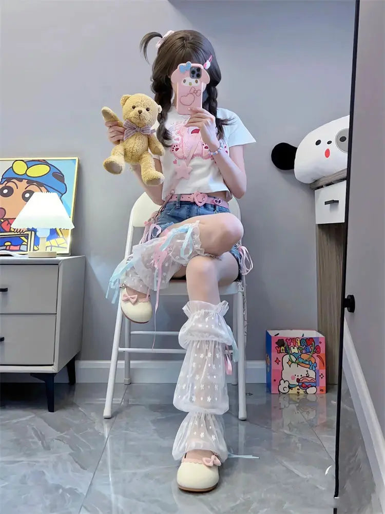 Women's Denim Shorts Strap Cute High Waist Bow Kawaii Female Short Jeans Pants Elegant New in To Wear Stretchy Trend 2025 Casual