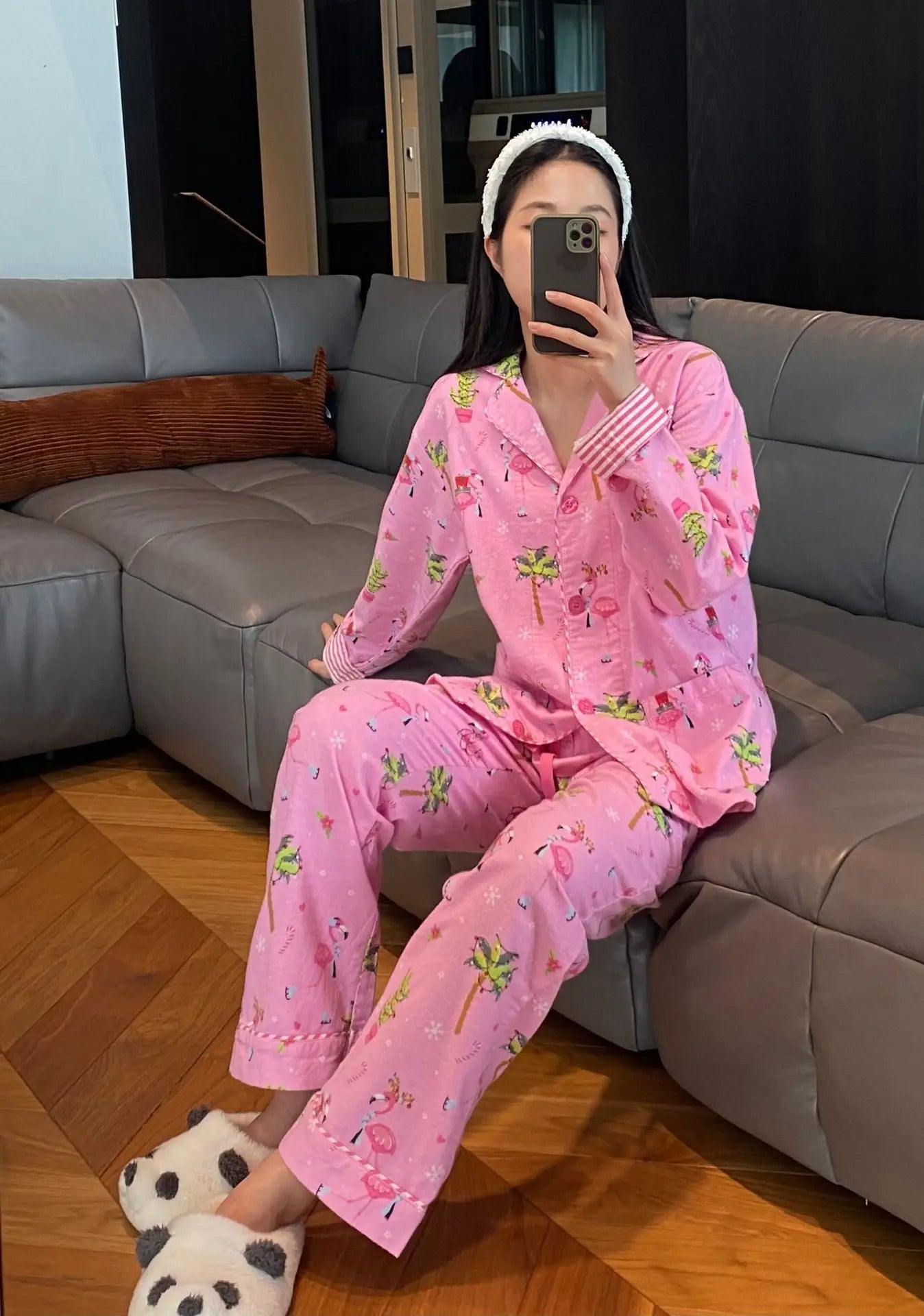 Women's Print Cotton Pajama Set Long Sleeve Autumn Winter Ladies Sleepwear 2 Pcs with Pant Single Breasted Pijama Suit Female