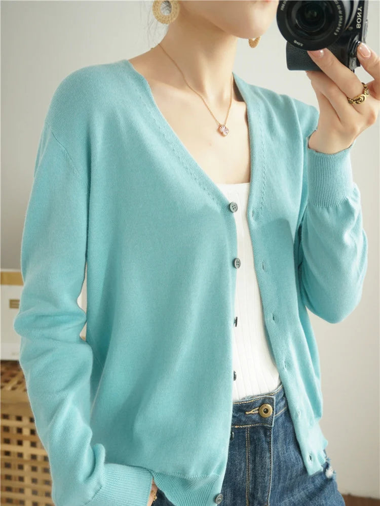 100% Cotton Line Long Sleeve V-Neck Knitted Cardigan Women Loose Short Solid Color Simple Sun Protection SMY K61