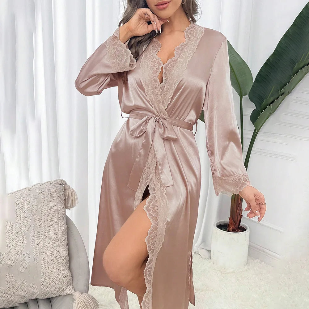 New Long Bathrobe Sexy Lace Light Luxury Long Sleeve Velvet Robe Bathrobe Bathrobe Home Wear