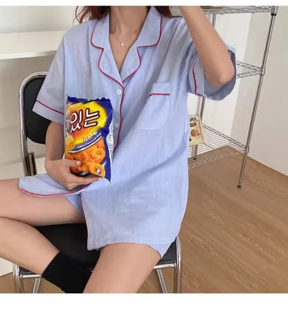 Women's Striped Solid Color Pajamas Short Sleeve Shorts Cardigan with Lapel Student Homewear Two-Piece Set Girl Sleepwear