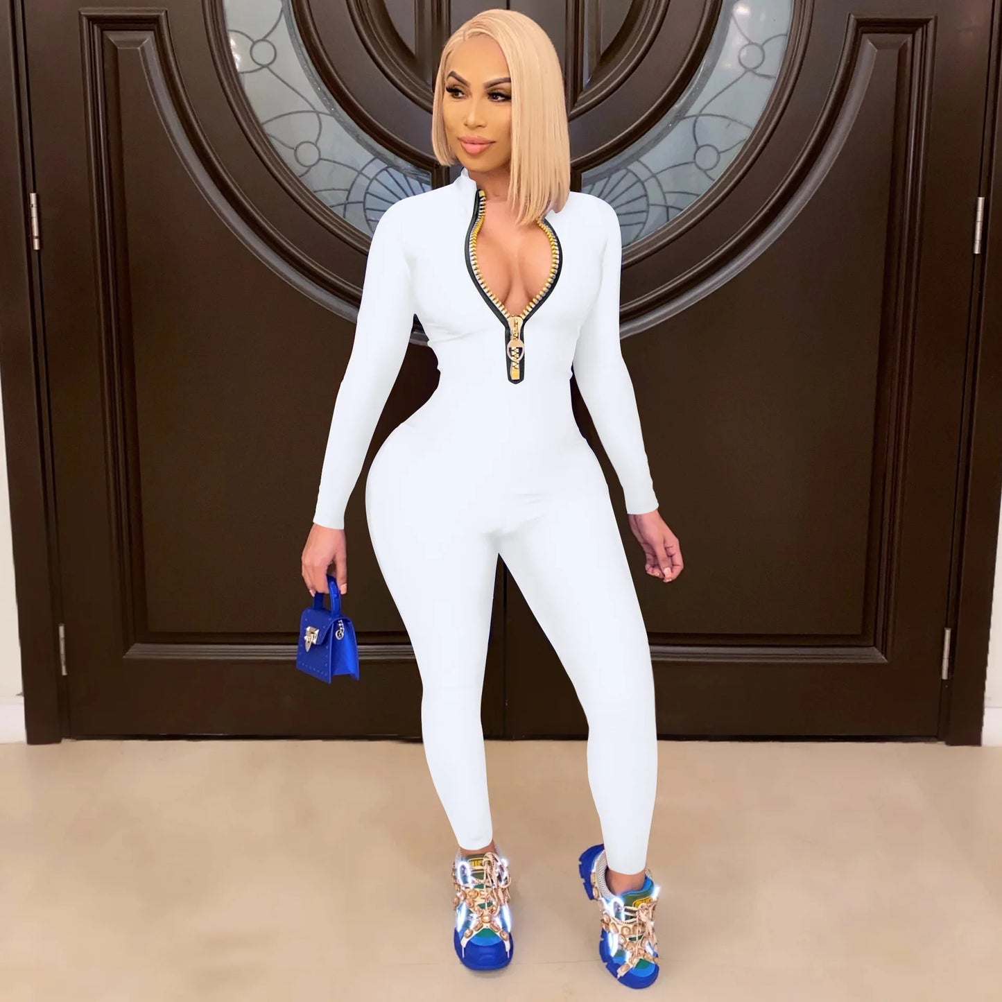 Women's Bodycon One-piece Jumpsuit Long Sleeved Big Zipper Female Casual Sport Workout Skinny Activity Wear Overalls Tops Badiee Stylez