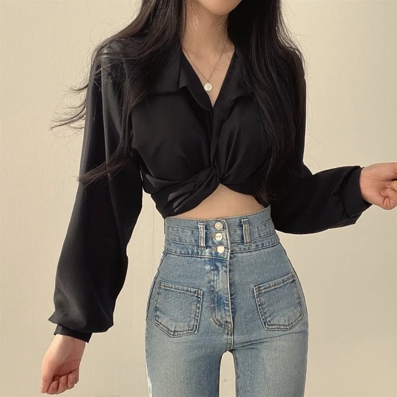 Vintage Streetwear Harajuku Sexy Women Blouse Crop Top Korean Style Trends Black White Long Sleeve Shirt Female Tunic Chic black