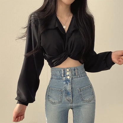 Vintage Streetwear Harajuku Sexy Women Blouse Crop Top Korean Style Trends Black White Long Sleeve Shirt Female Tunic Chic black
