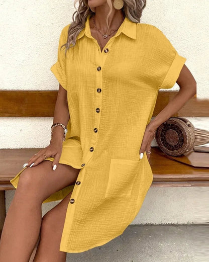 Women's Fashion Summer Minimalist V-neck Button Up Dress Woman Cotton Linen White Short Sleeved Pocket Casual Loose Shirt Dress Badiee Stylez