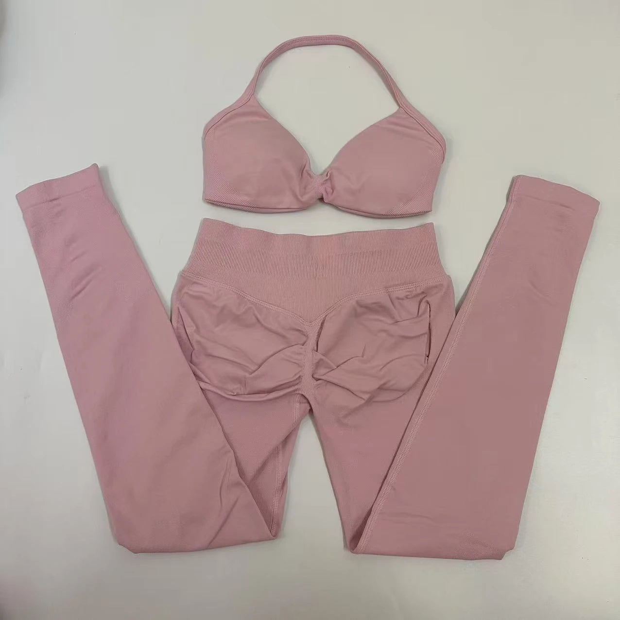 No Logo Seamless Yoga Set Women Workout Scrunch Leggings Set Strappy Halter Sports Bra Fitness Gym Clothing Workout Set 2 Pieces Badiee Stylez