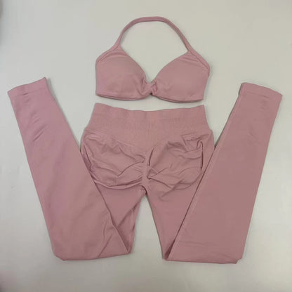 No Logo Seamless Yoga Set Women Workout Scrunch Leggings Set Strappy Halter Sports Bra Fitness Gym Clothing Workout Set 2 Pieces Badiee Stylez