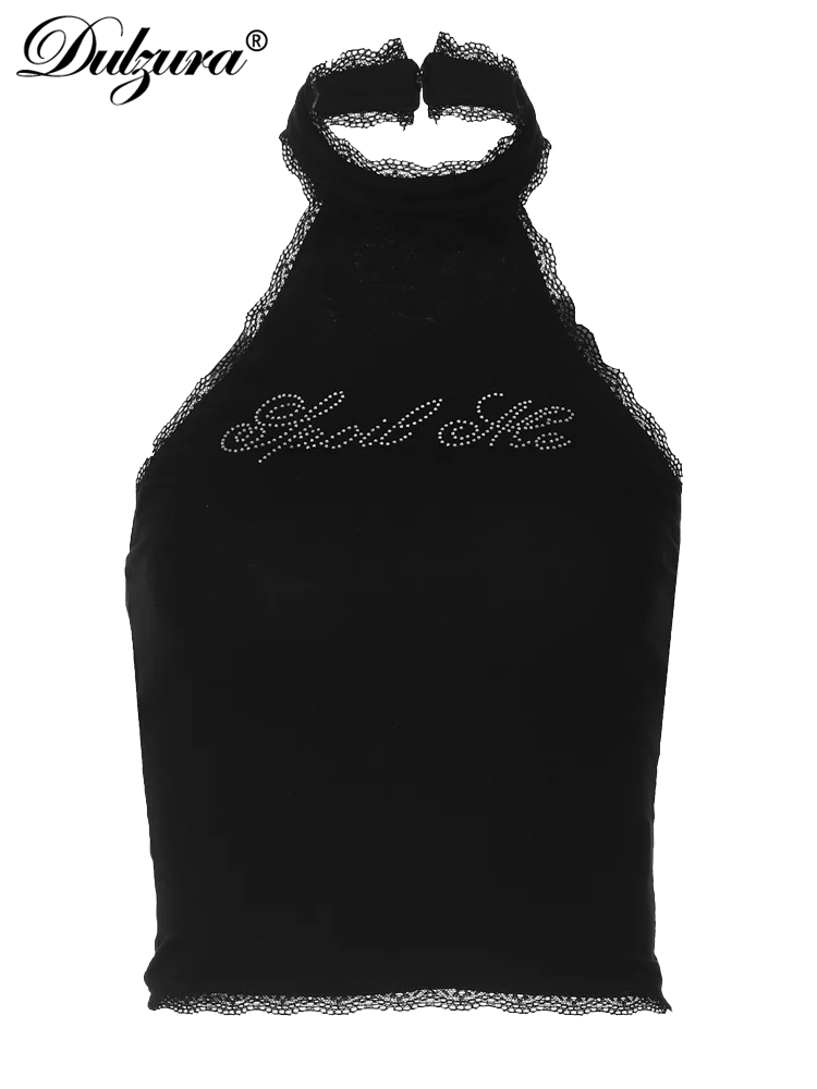 Dulzura Halter Sleeveless Crop Top Vest 2024 Summer Women Lace Patchwork Sexy Rhinestones Y2K Vintage Elegant Club