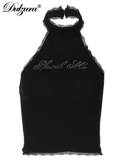 Dulzura Halter Sleeveless Crop Top Vest 2024 Summer Women Lace Patchwork Sexy Rhinestones Y2K Vintage Elegant Club