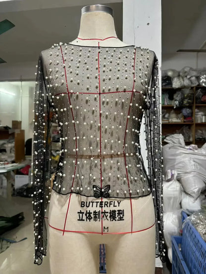 Spring and Summer New Hot Diamond Pearl Top Elastic Crew Neck Mesh Thin Heavy Industry Transparent Women Clothes black Dense