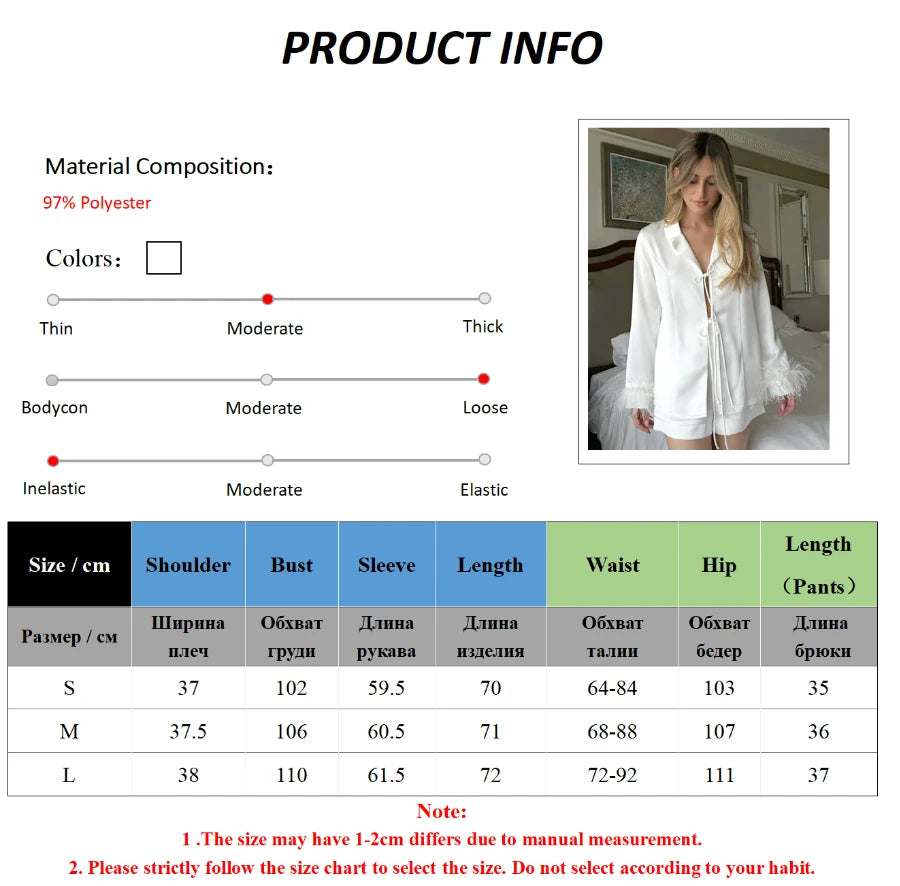 Mozuleva Women's Long Sleeved Lace Up Casual Shirt Pajamas Set Feather Sleeves Shorts Home Clothing Autumn Fashion 2-piece Set