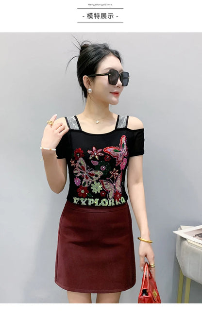 New Arrival Summer European Clothes Women's T-Shirts Chic Luxury Butterfly Hot Diamonds Tees Sexy Girl Slim Streetwear Tops