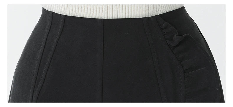 VOA Black 45 Momme Heavyweight Silk Natural Waist Trousers Asymmetrical Ruffle Office Ladies Straight Suit Wide Leg Pants KE797 Badiee Stylez